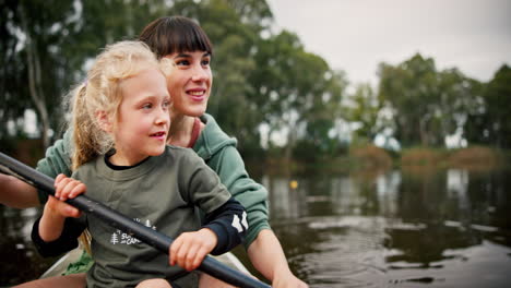 girl, mother and pointing in kayak on river