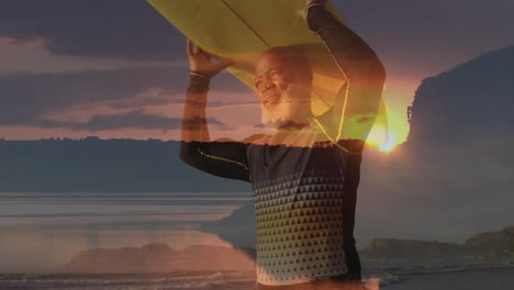 man holding surfboard in ocean, with animated charts illustrating wave data for marketing pitch