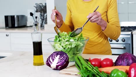 mujer mayor preparando ensalada de verduras