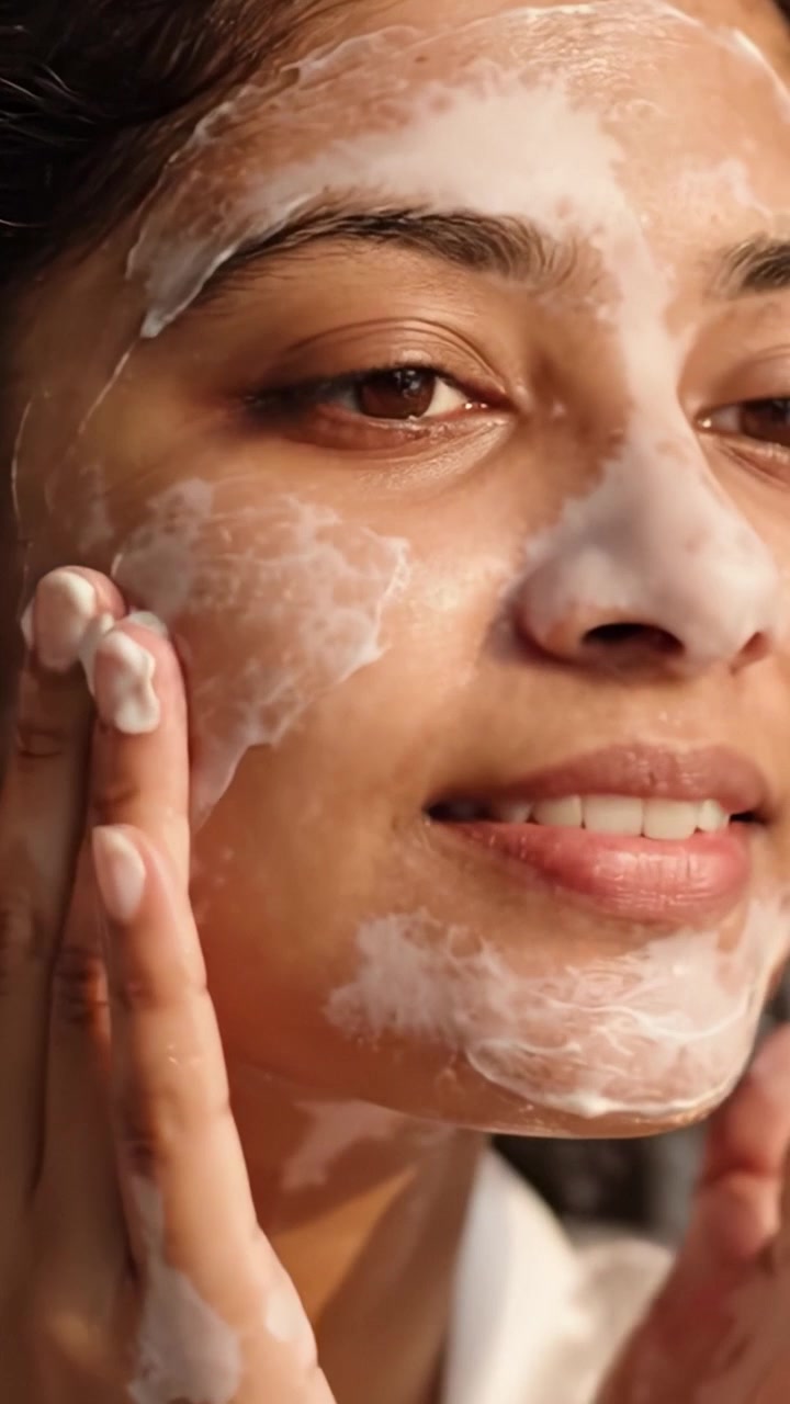 A Young Woman Engages in a Relaxing Skincare Routine, Cleansing Her Face with Foam for a Healthy, Radiant Glow and Refreshing Facial Cleanse Experience