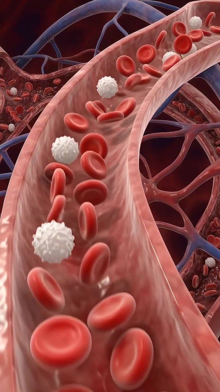 Microscopic View of Red and White Blood Cells Flowing Through a Vein