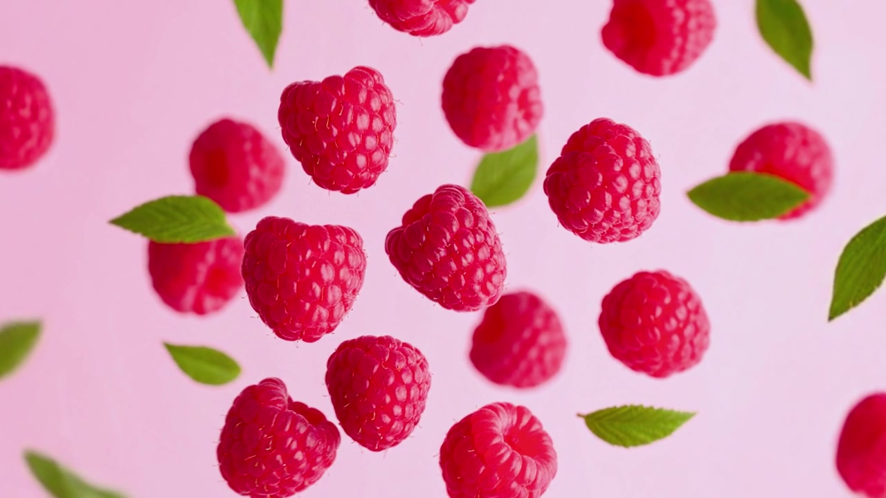 Levitating Fresh Red Raspberries and Green Leaves on Pink Background