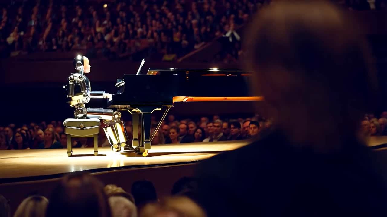 Robot playing piano in front of audience
