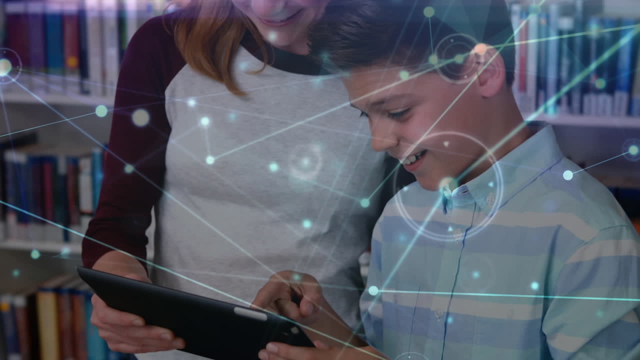 Animation of dots connected with lines on caucasian boy showing digital table to female teacher