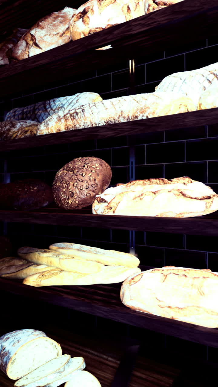 Freshly baked bread displayed on shelves in a cozy bakery setting