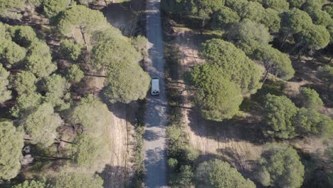 Vista-Aérea-Después-De-La-Conducción-De-Autocaravanas-A-Través-Del-Desierto-Del-Bosque-En-Un-Viaje-Por-Carretera-En-El-Campo-Español