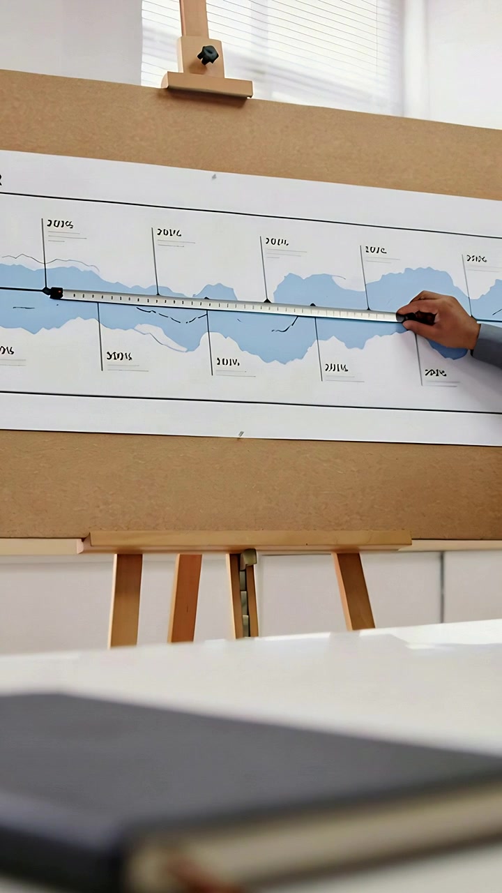 Video verticale: Mano con camicia blu che tira un nastro su un cavalletto per grafici, allineando i segni degli anni