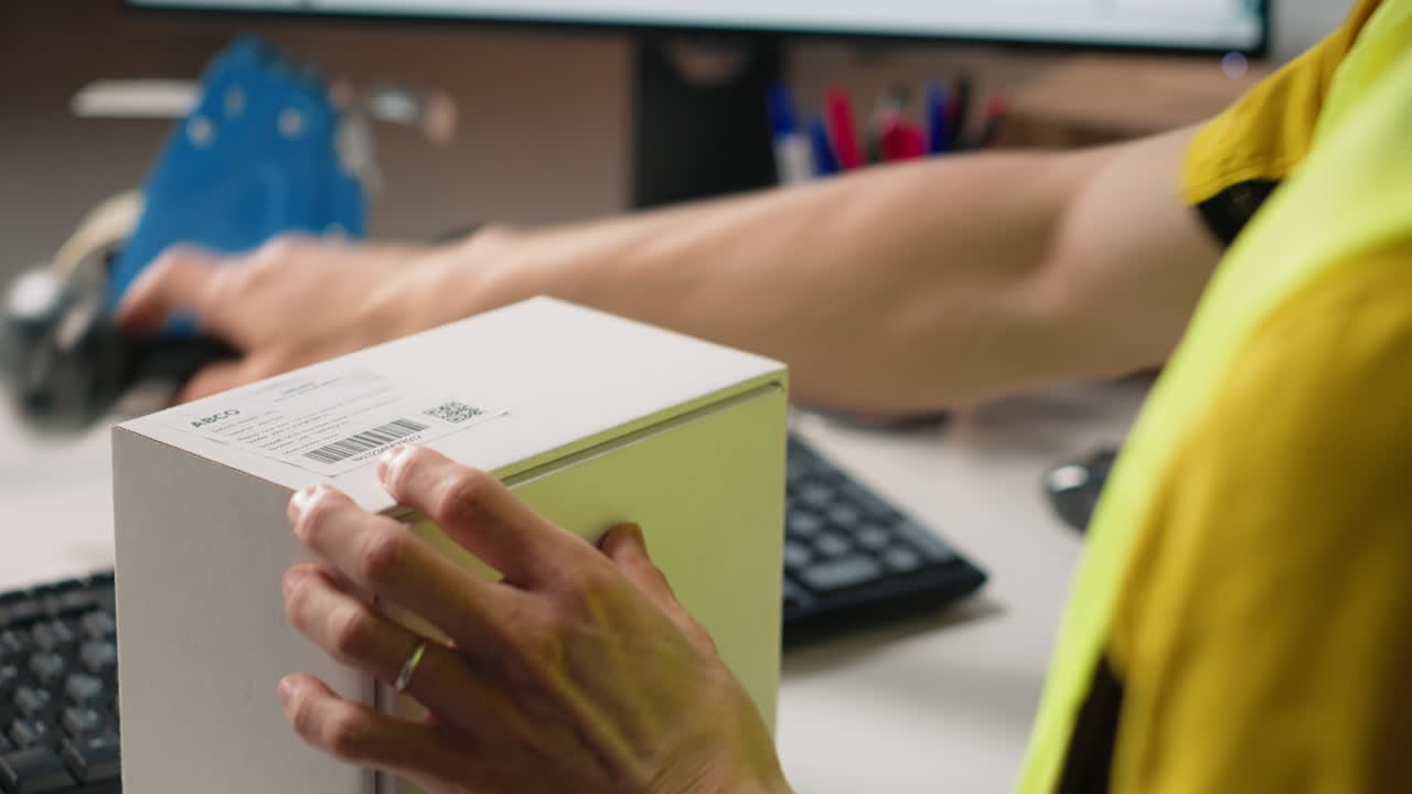 Vertical Video Asian employee applying shipping labels and scanning tracking info