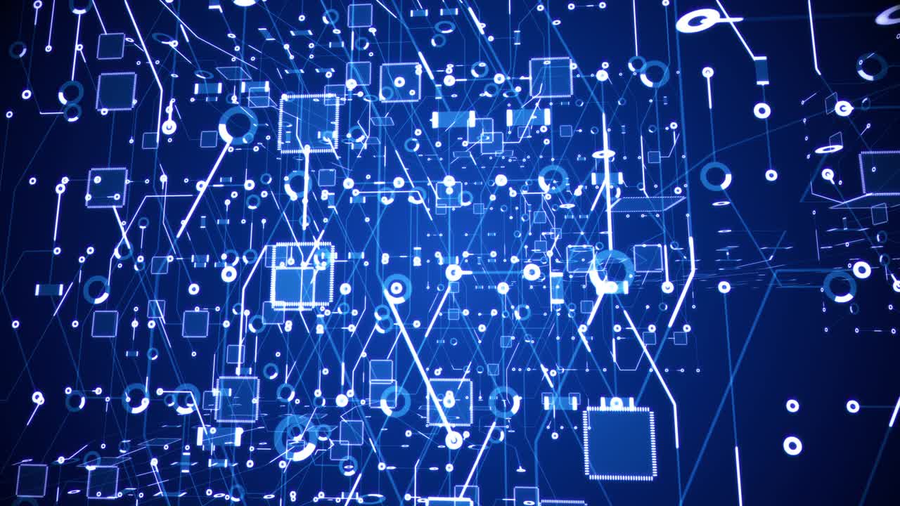 거대한 진한 파란색 회로 그리드 구조 회전 루프