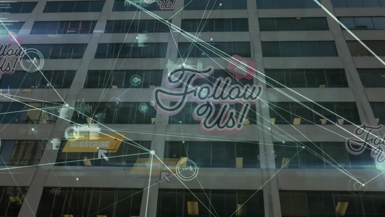 animación de líneas en movimiento, escritos y electrocardiogramas sobre edificios de oficinas