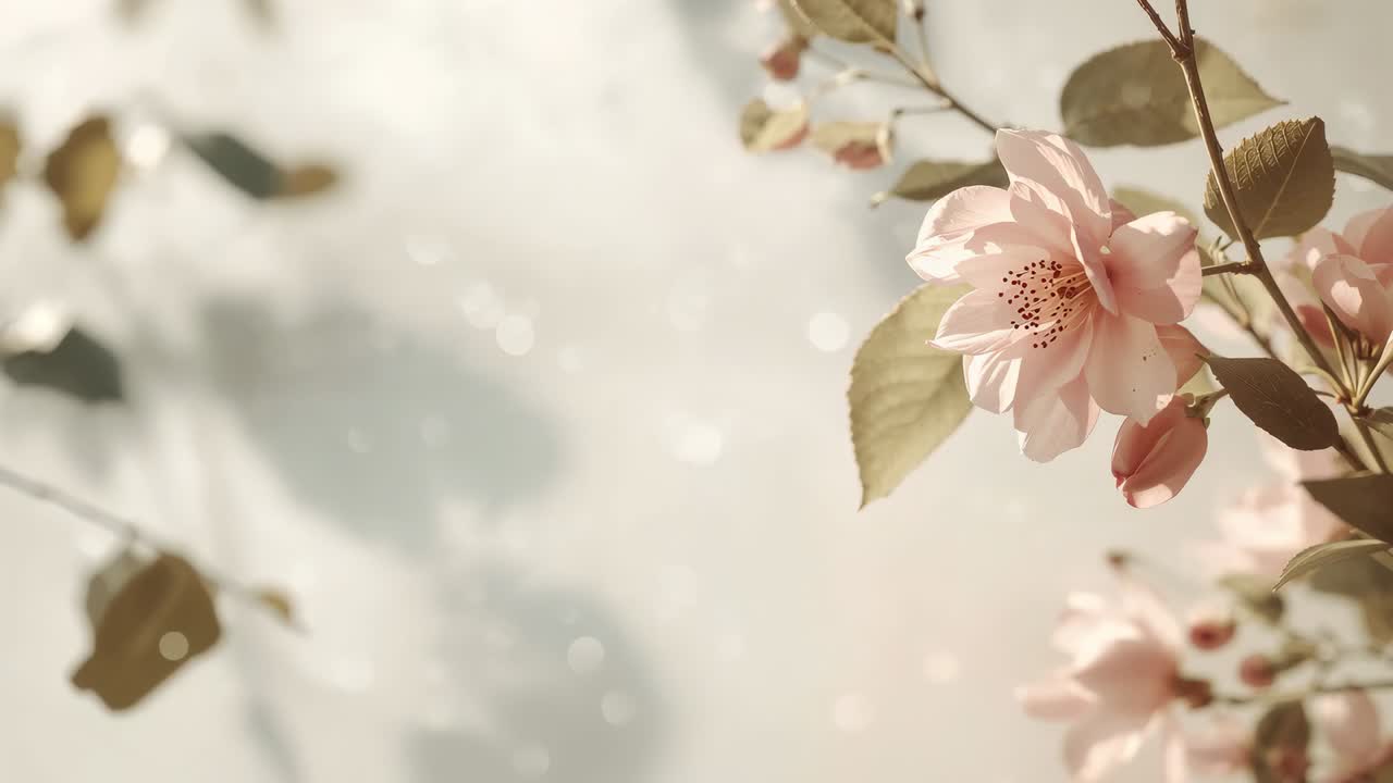 Ramo fiorito ondeggiante con fiori rosa e foglie mosse dalla brezza soleggiata del giardino, spazio per il testo