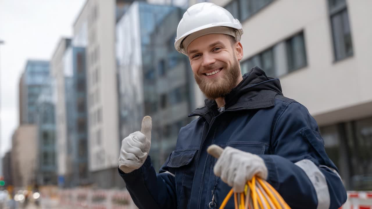 A Construction Worker in Safety Gear Enthusiastically Gives a Thumbs Up, Showcasing Preparedness and Positivity Amidst Modern Urban Development