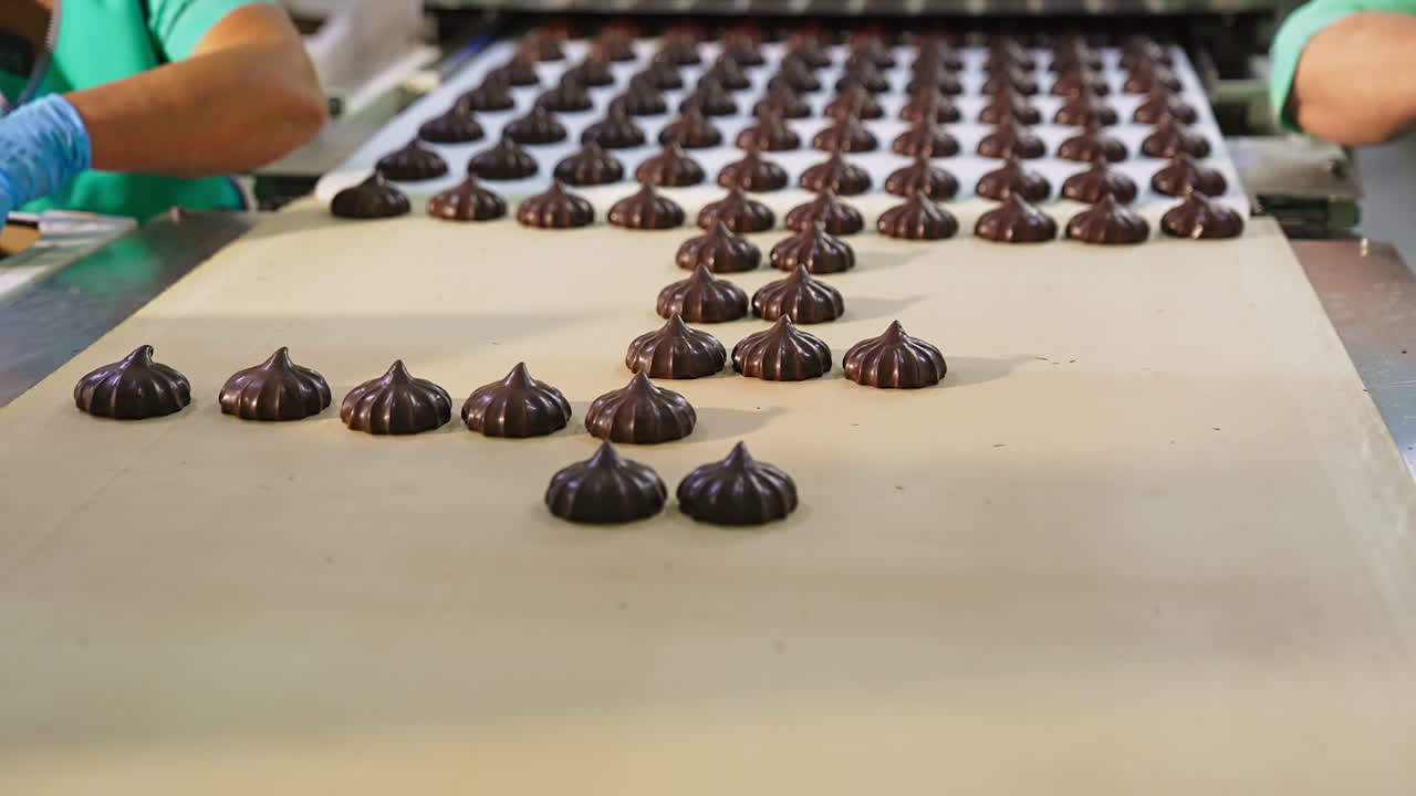 Confectionary plant workers take away the chocolate marshmallows from conveyor. Packing of sweet desserts at the factory. Close up.