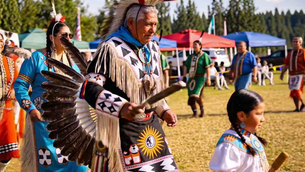 Ein führendes Kind und ein Älterer tanzen über ein grasbewachsenes Powwow-Feld für eine Zeremonie, tragen Tracht und einen Stock.