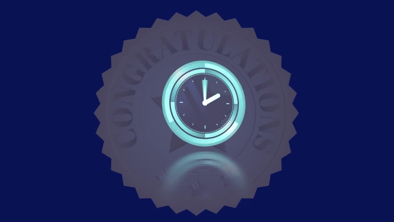 Animation of clock moving fast over congratulations badge on blue background