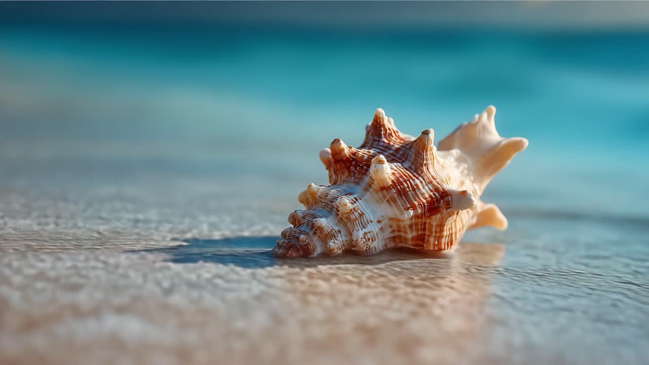 A Close-Up Capture of a Beautiful Shell on the Shoreline, Reflecting the Calmness of the Ocean Under Bright Sunlight