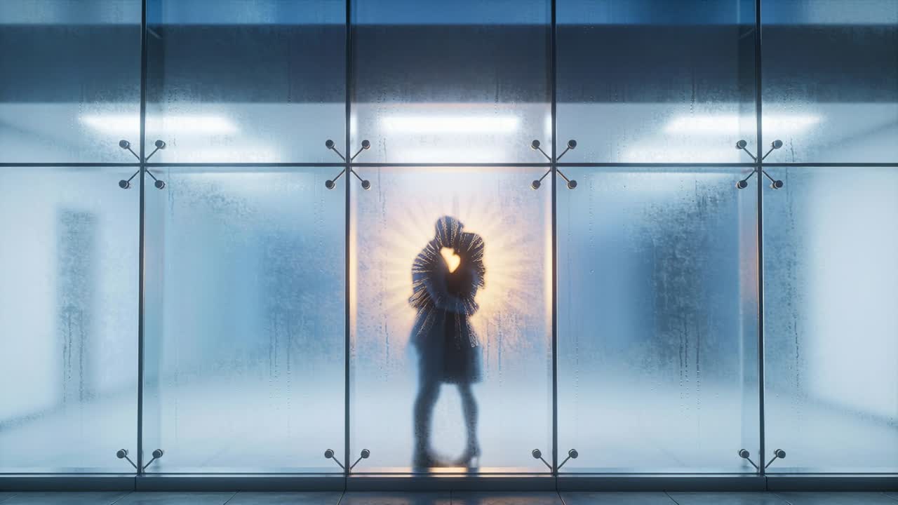 Man and woman opening round fan on frosted glass causing heart light, embracing-kissing for promo