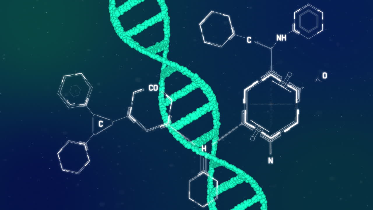 파란색 배경에서 회전하는 dna 가닥 위의 화학 구조의 애니메이션