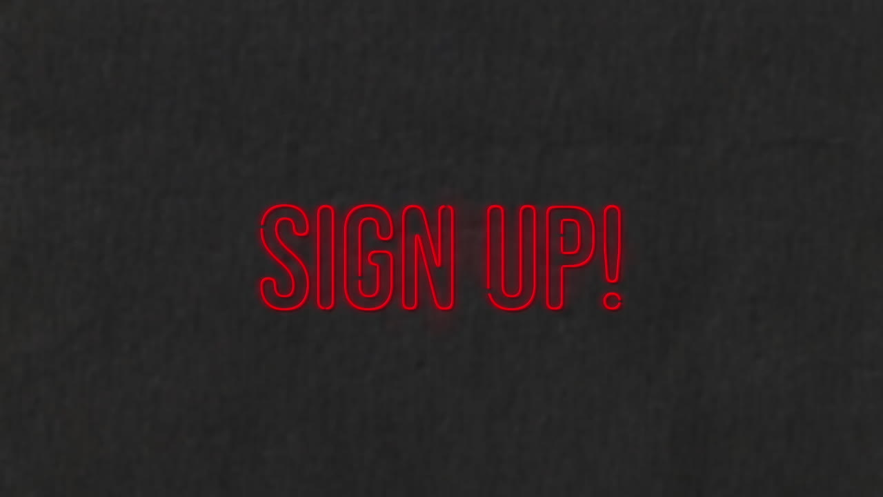 animación de banner de texto de registro de color rojo neón contra un fondo negro texturizado.