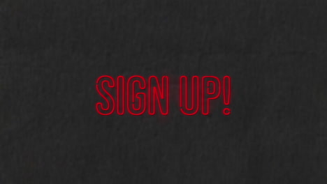 animación de banner de texto de registro de color rojo neón contra un fondo negro texturizado.