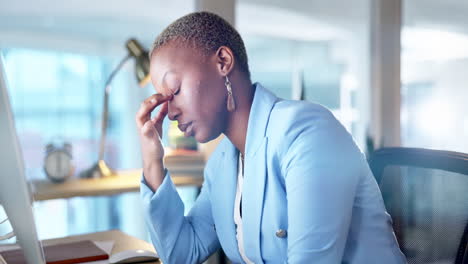 Burnout,-headache-and-black-woman-on-computer