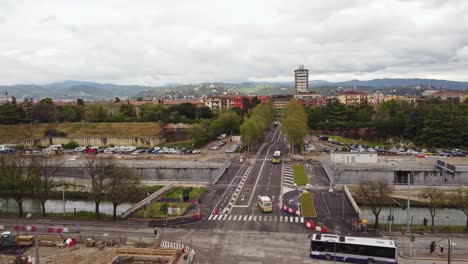 verona city streets with construction and parked cars, aerial view