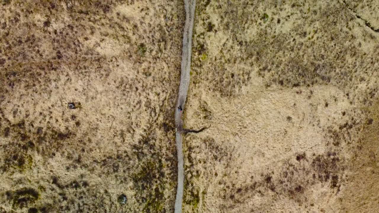 top down aerial view of a hiker or a person walking on a lonely mystical road in the middle of yellow and brown grassy fields that are in the Scottish highlands landscape during a cloudy day.