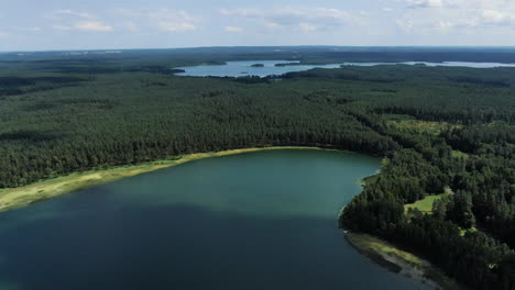 lake land lithuania with massive forest and blue waters, high angle drone view