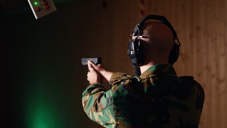 Excited soldier training with weapon thrilled after accurately hitting bullseye