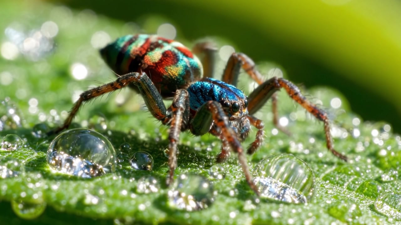 Close-Up of a Colorful Arachnid on a Leaf Surrounded by Sparkling Dew Drops, Showcasing Nature's Intricate Details and Vibrant Colors