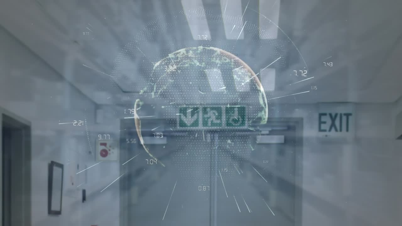 Animation of numbers around rotating globe over low angle view of ceiling of hospital corridor