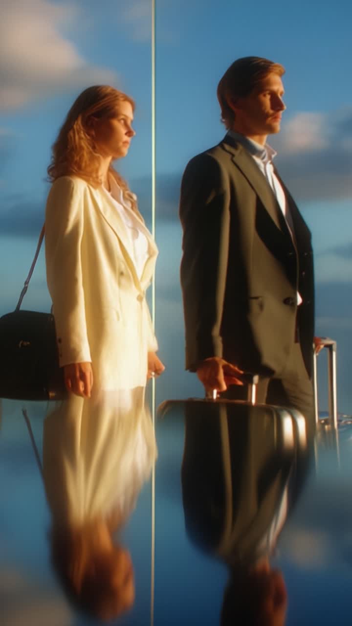 Stilfulde professionelle står selvsikkert sammen, reflekteret på en poleret overflade med en baggrund af bløde skyer og blå himmel, hvilket udtrykker ambition og elegance.