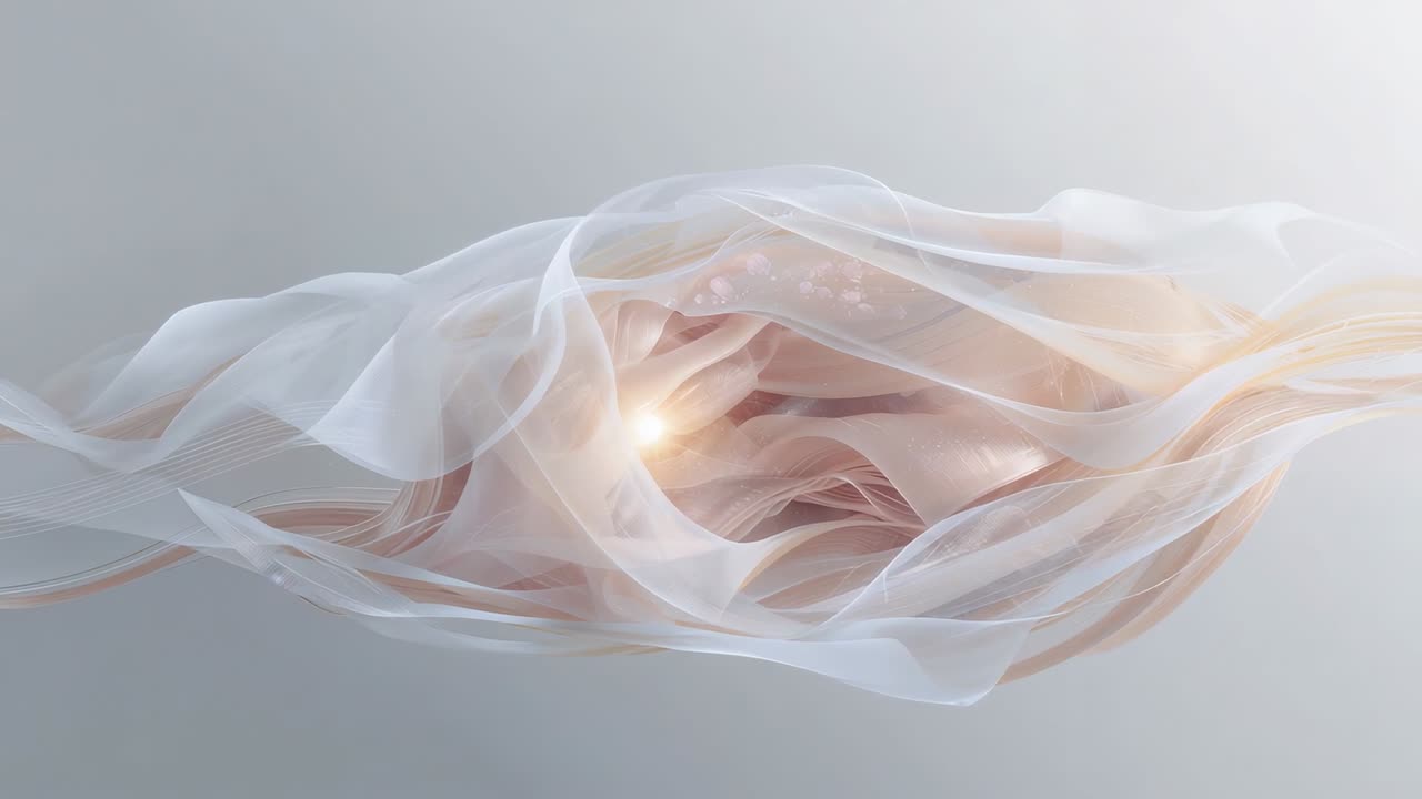 Pulsing golden orb driving shifting translucent ribbons revealing peach bands, specks in pale gray