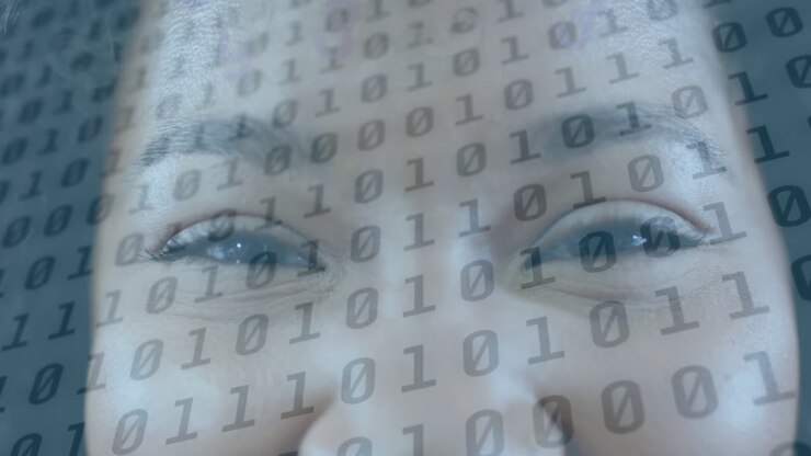 Animation of binary coding data processing over biracial businesswoman smiling