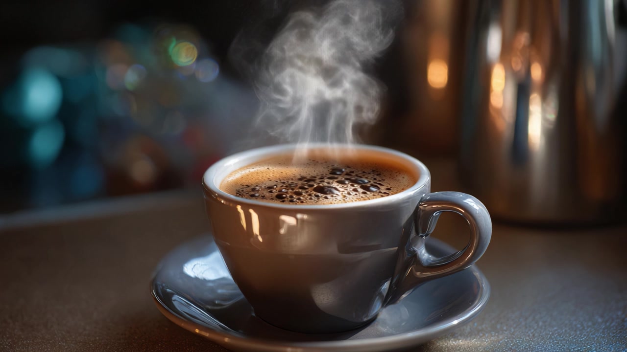 En varm kop friskbrygget kaffe med stigende damp, der indfanger essensen af et hyggeligt øjeblik, perfekt til at nyde derhjemme eller på en café.