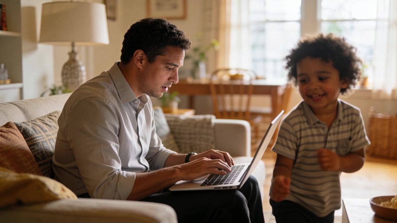 Child moving forward seeking play, father glancing and continuing typing on laptop in living room