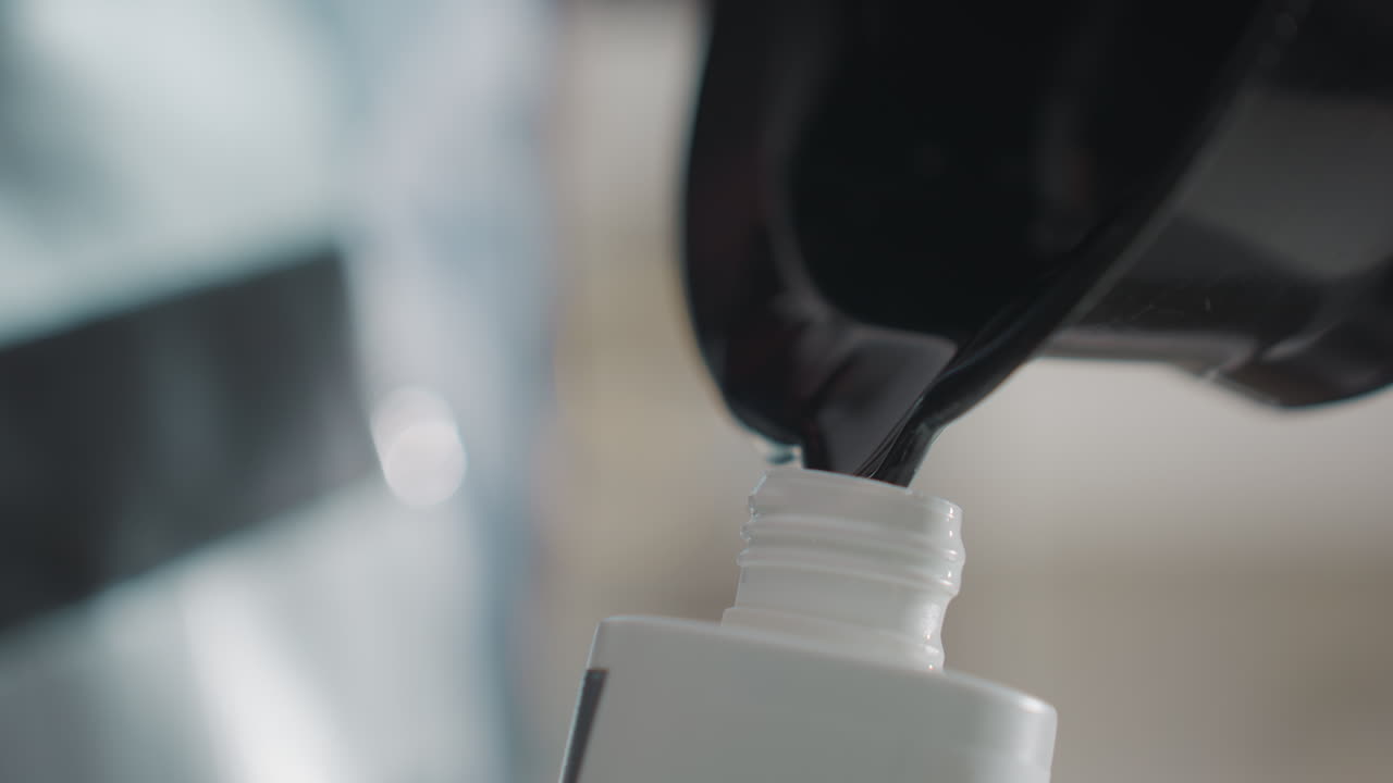 Primer plano de un desarrollador vertiendo desde un cuenco negro en el cuello de una botella, flujo constante y superficie reflectante, transferencia controlada en un salón con enfoque en el flujo y la contención, fondo apagado e iluminación suave.