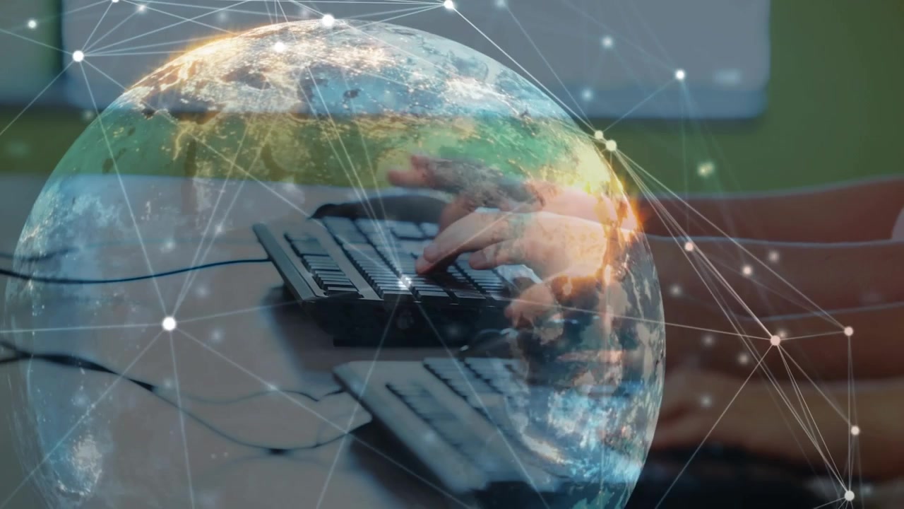 Animazione di una rete di connessioni sovrapposta a una studentessa che usa un tablet