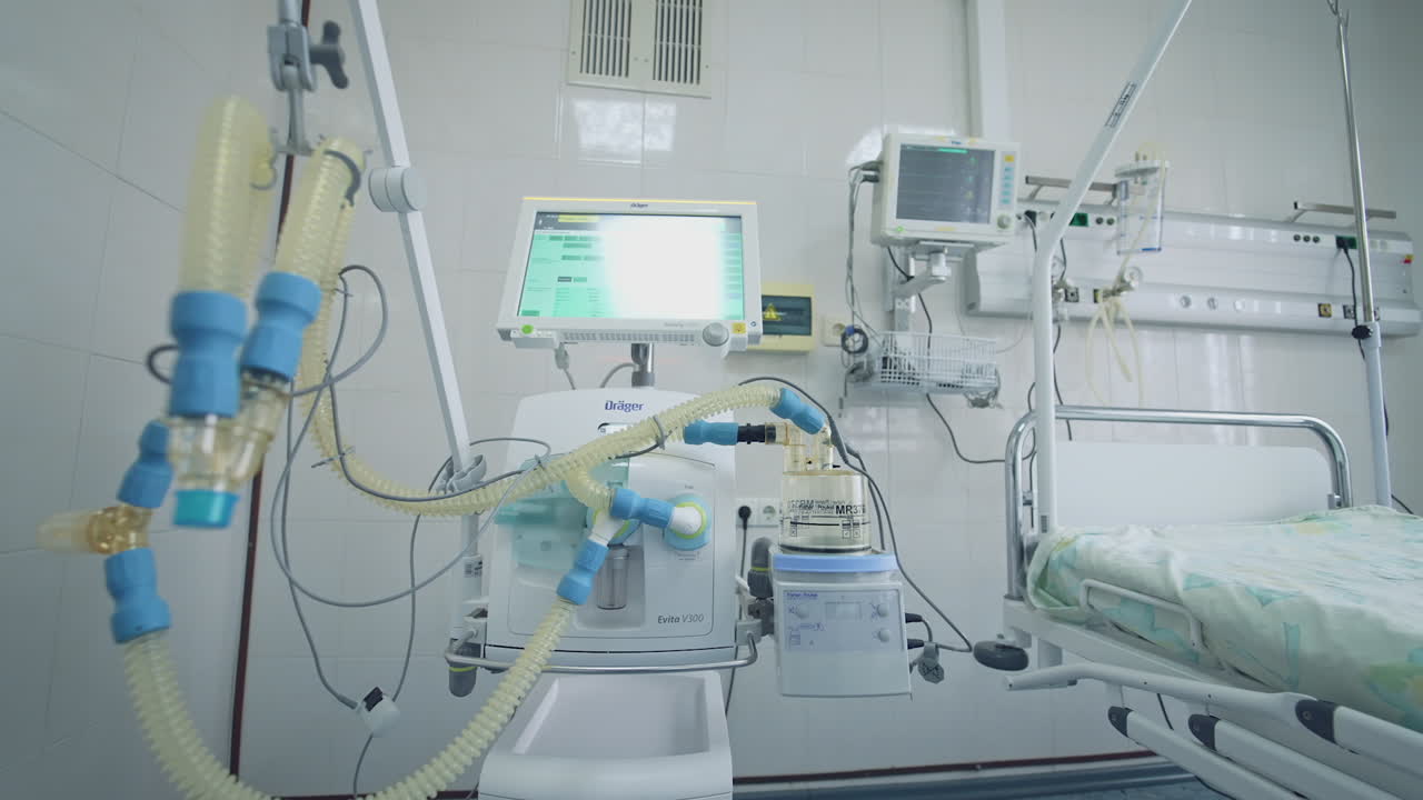 Modern reanimation ward in new hospital. Empty intensive health care room.