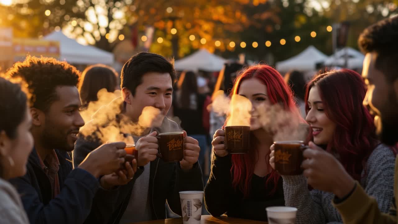 Friends Enjoying Hot Drinks at a Warm Outdoor Autumn Festival