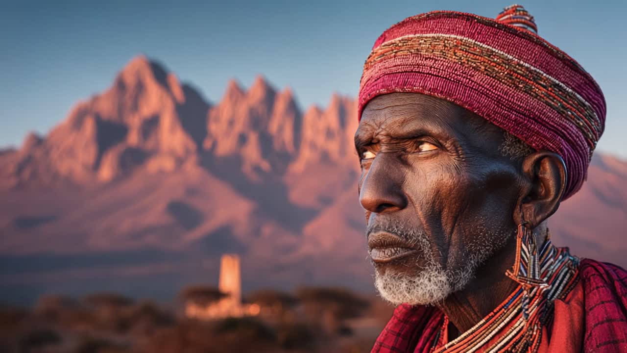 Un Saggio Anziano in Abiti Tradizionali Contro Montagne Maestose all'Alba, che Cattura l'Essenza del Patrimonio e dell'Identità Culturale