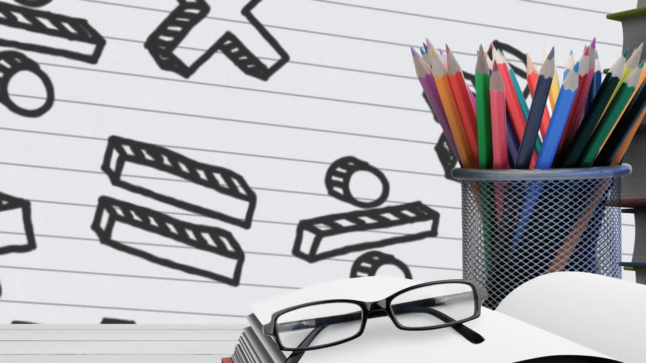 Animation of open book, glasses, pencil stand against page turning effect over mathematical symbols