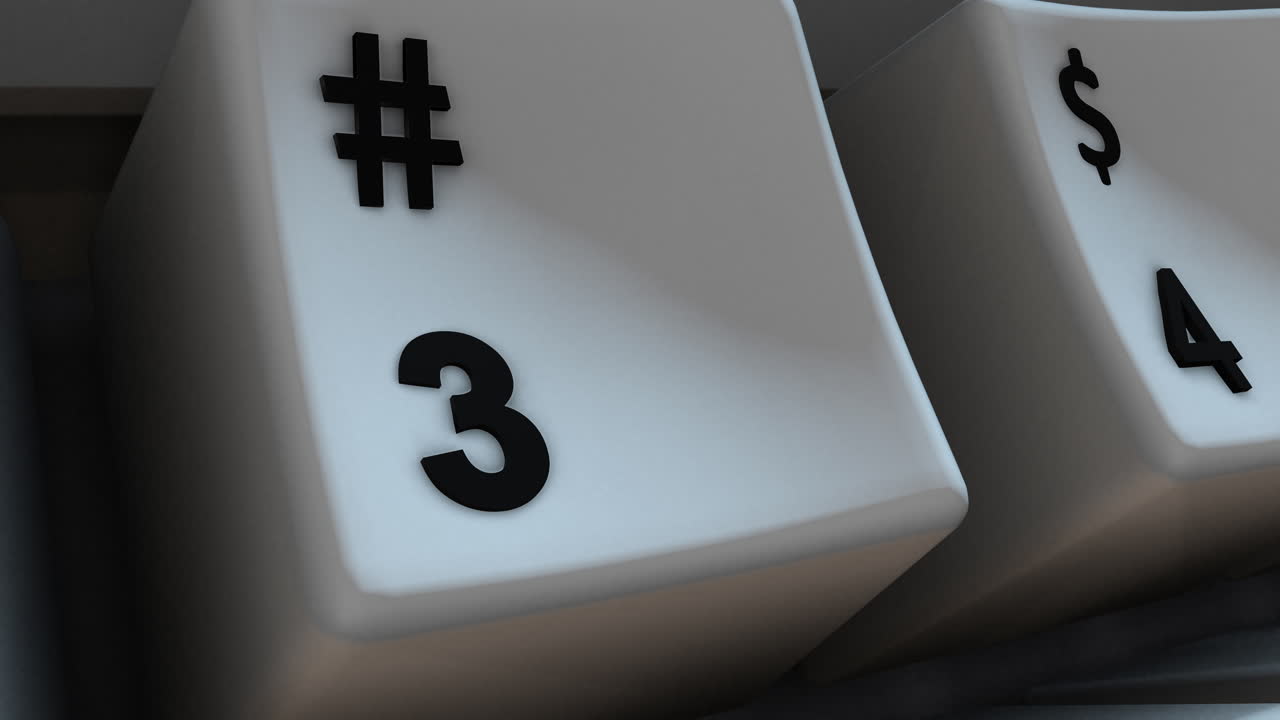 Primo piano a movimento lento di 3 tasti sulla tastiera del computer con il simbolo hashtag. Ottimo per presentazioni aziendali, formazione online e video sulla produttività sul posto di lavoro. 4K