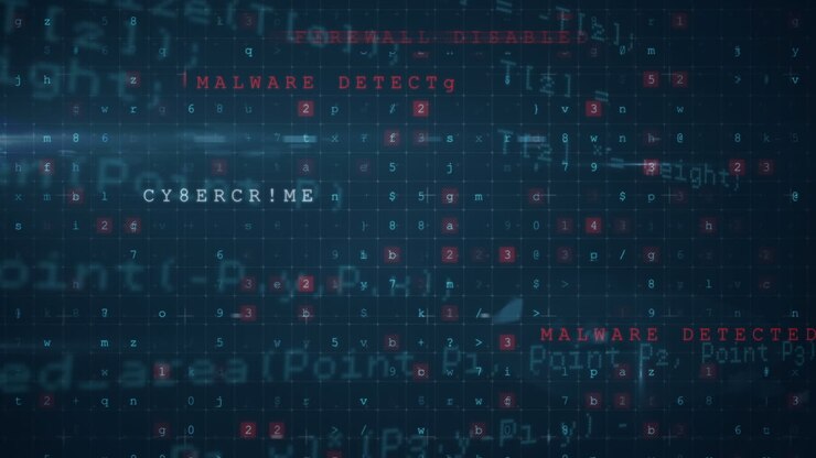 Animation of cyber attack warning over data processing on black background