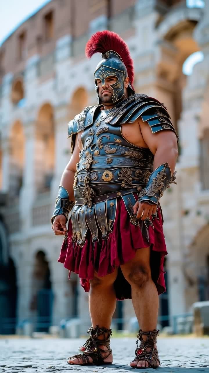 A man dressed as a roman soldier standing in front of a building