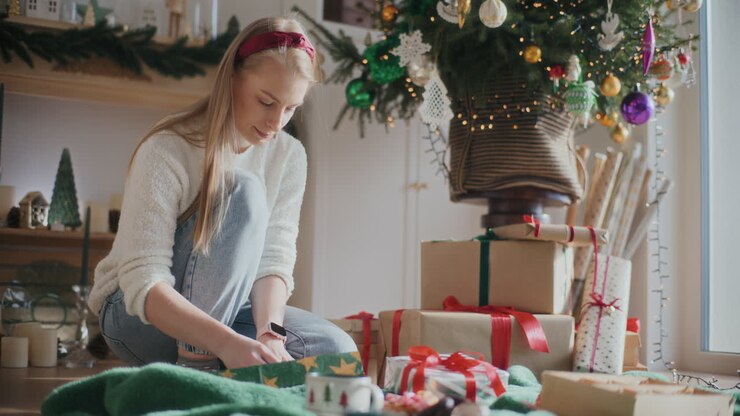 Beautiful young woman wrapping Christmas gifts at home