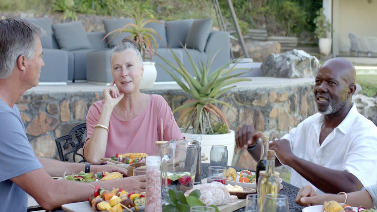 Senior diverse friends enjoying in garden lunch, sharing laughter and drinks in garden setting