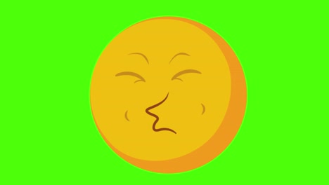 3d animation of a yellow circular face smiling and kissing on a green background