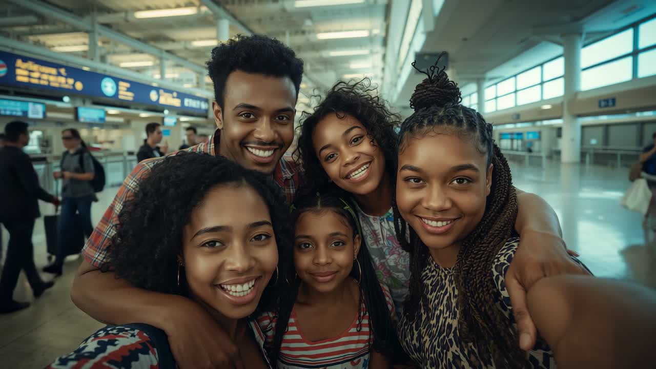 Lifting smartphone family gathering and smiling at airport kiosks preparing selfie, signs overhead