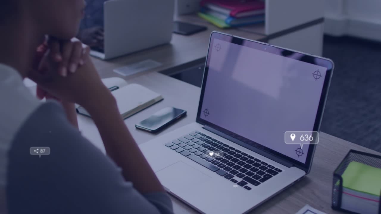 Office woman monitoring performance while share bubble emerging metrics updating laptop